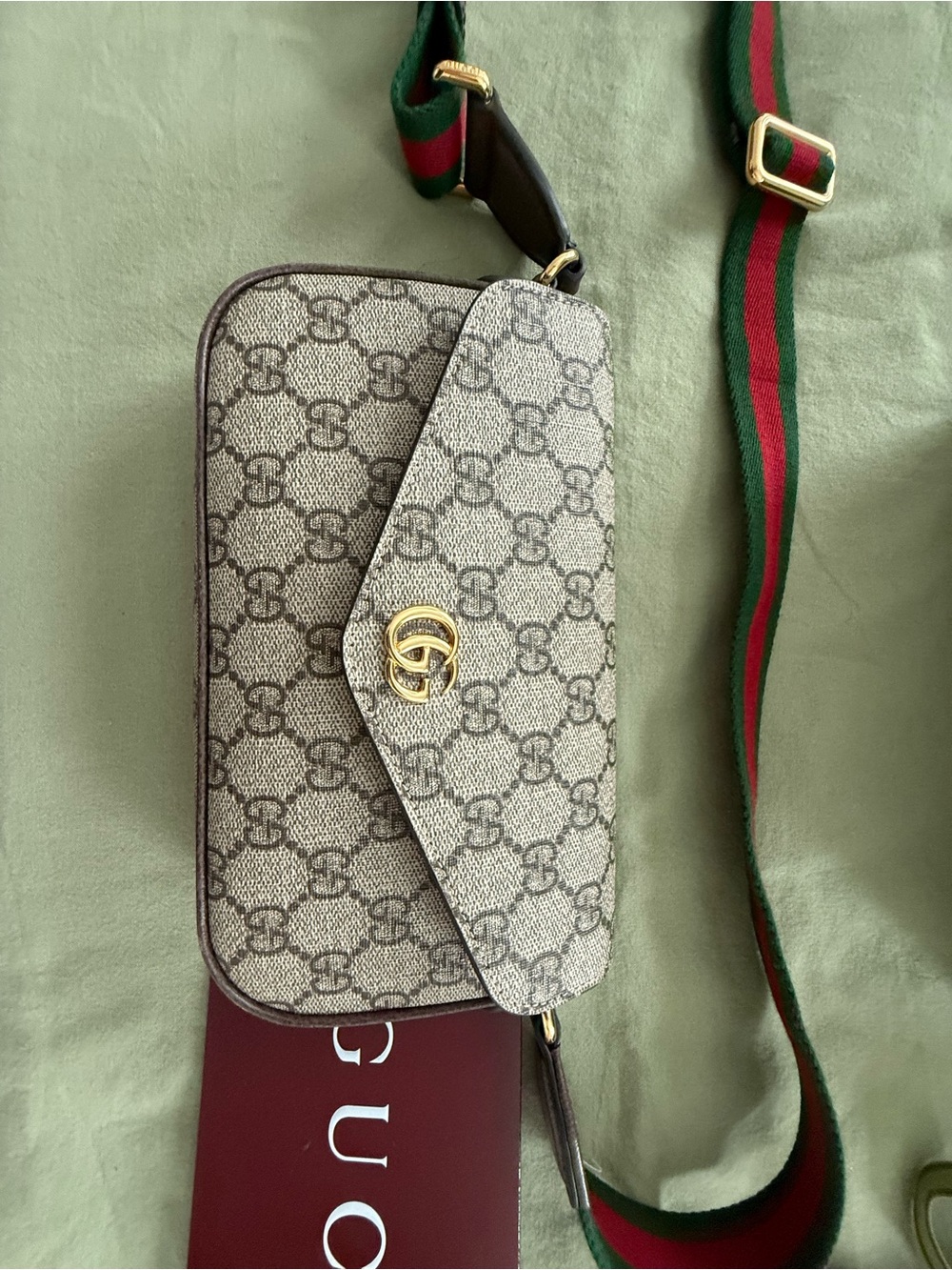 Gucci Monogram Canvas Crossbody Bag in Beige with Brown Trim